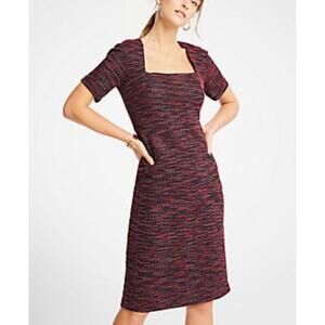 Ann Taylor Tweed Knit Square Neck Red Multi Color Sheath Short Sleeve Dress Sz 4